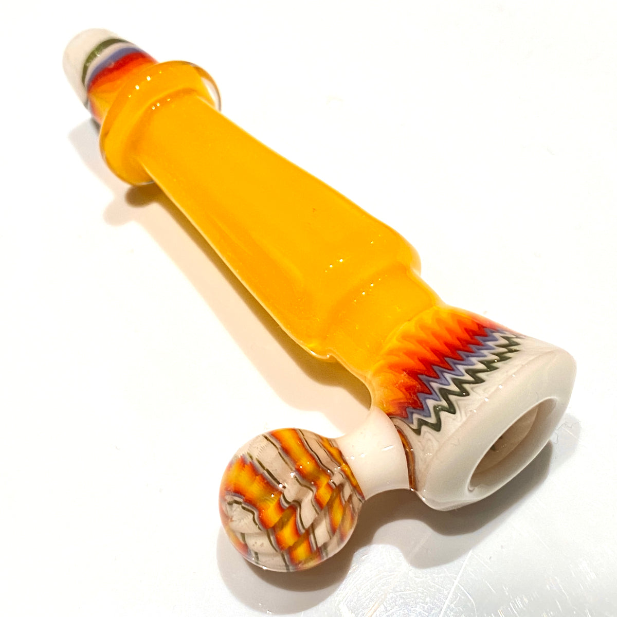 Hex Body 3-Hole Chillum with Marble Handle (Orange and Fire/White)