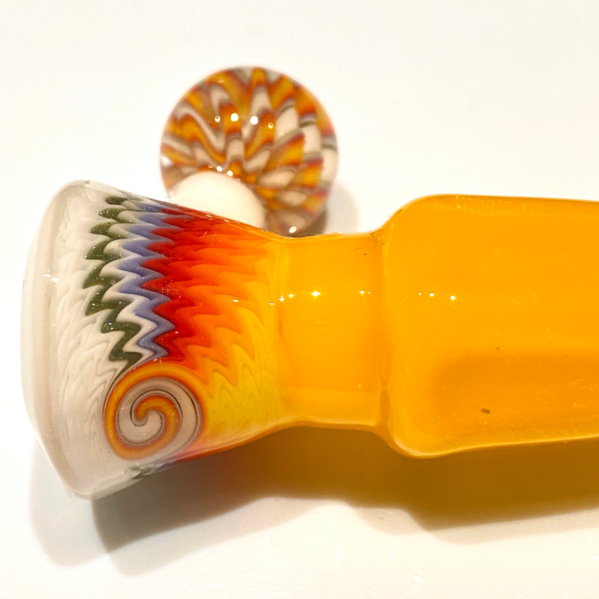 Hex Body 3-Hole Chillum with Marble Handle (Orange and Fire/White)